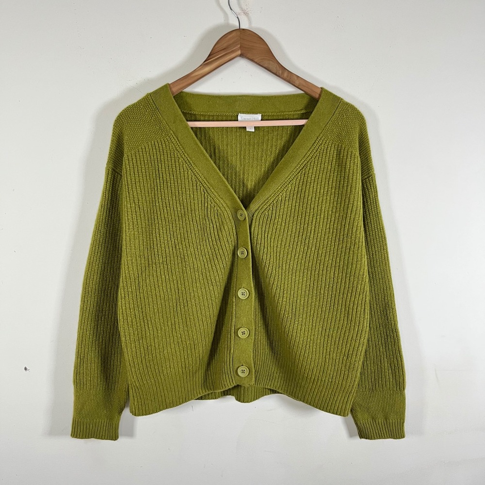 Garnet Hill 100% Cashmere Chartreuse Green Oversized Cardigan Sweater Boxy Small